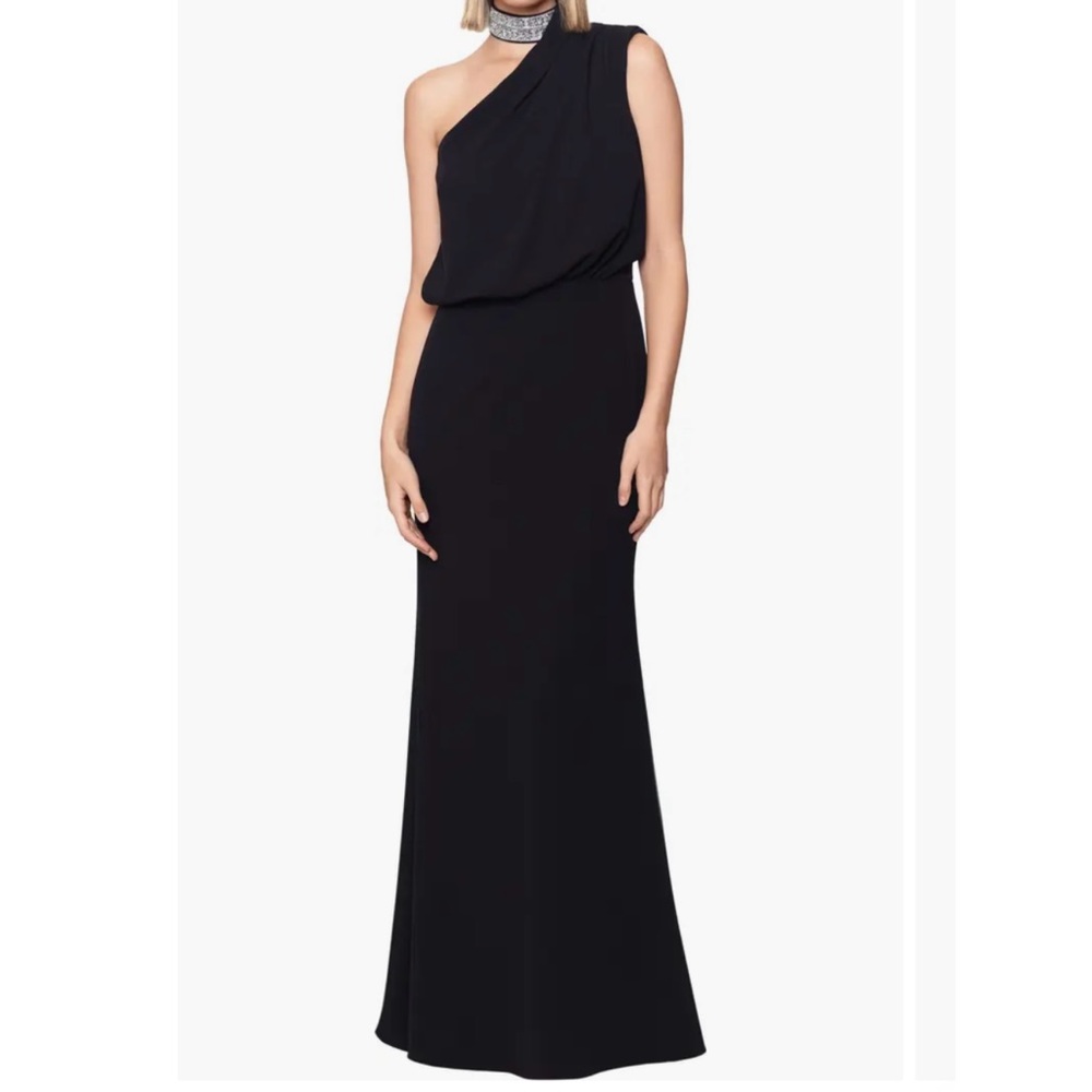 Betsy & Adam Crystal Mock Neck One-Shoulder Gown. Mother-of-the-Bride/Formal